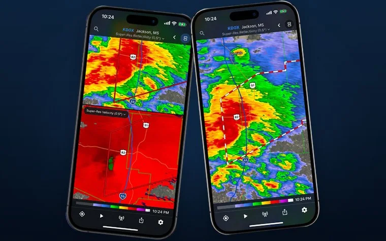 RAVIN Mobile on two iPhones: reflectivity and velocity side by side for Jackson, Mississippi, and a full-screen reflectivity view with a tornado warning